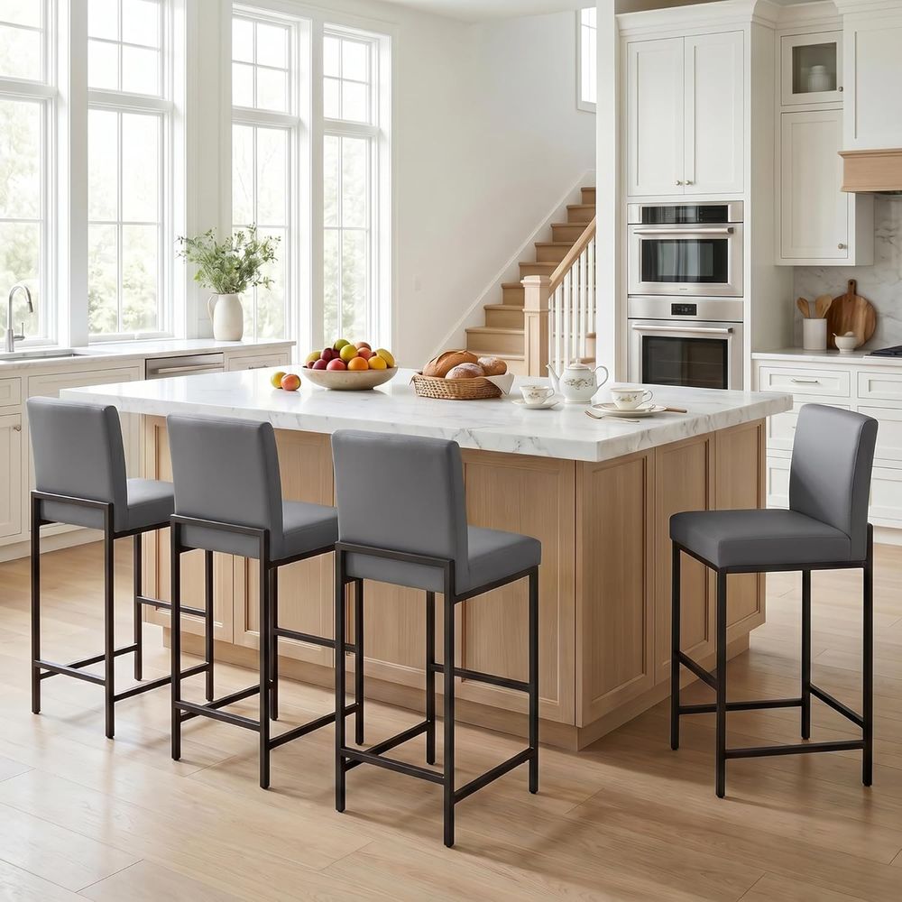 Set of 4 Grey Upholstered Leat - огляд і ціна Home Bar Stools